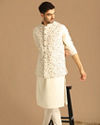 alt message - Manyavar Men Sea Shell White Kurta Jacket With Floral Work image number 1